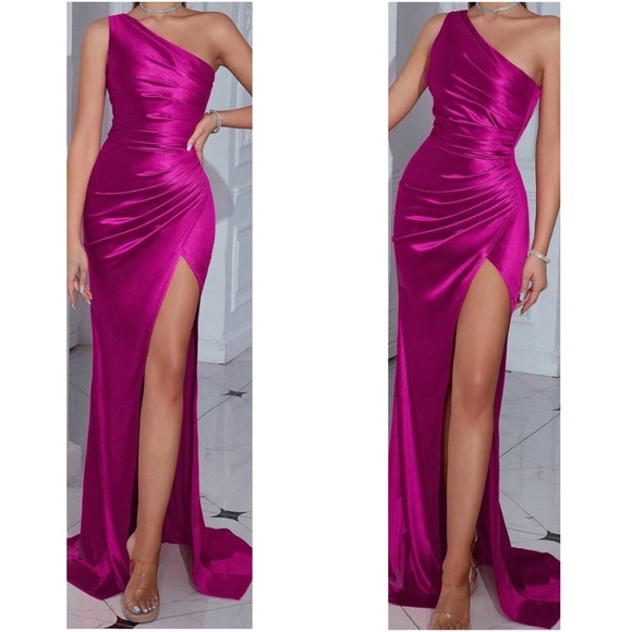 Luxe One Shoulder Champagne Slit Thigh Ruched Bodycon Prom Evening Wedding Dress - Picture 7 of 7